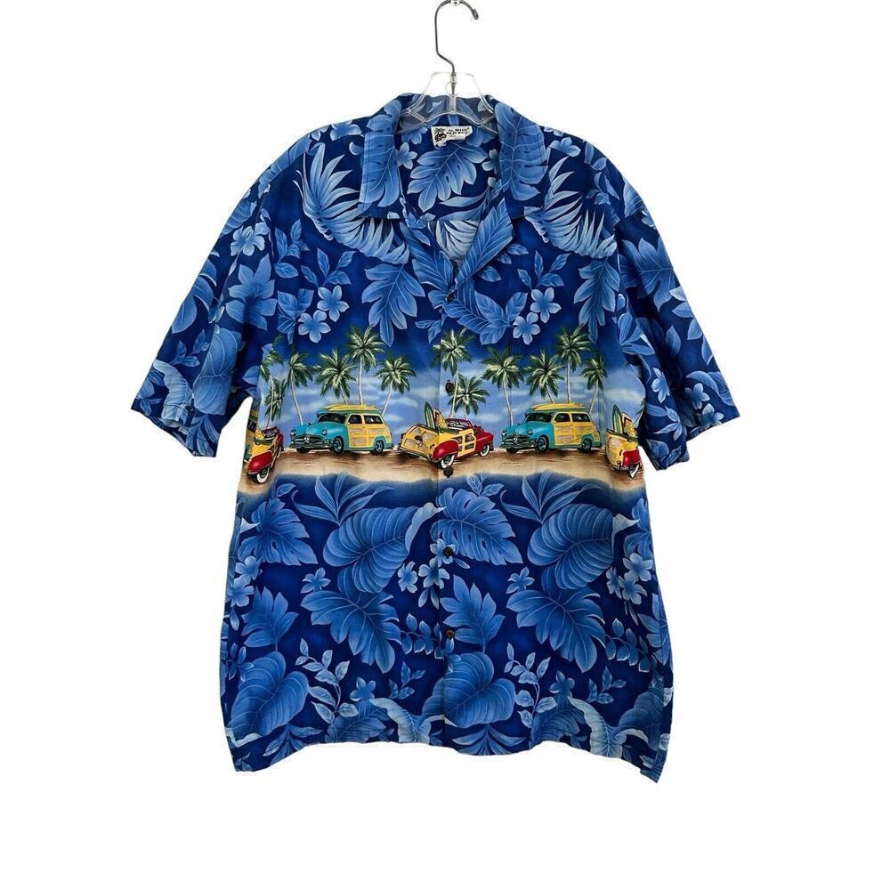 Aloha Hawaiian Republic Panoramic Woody Cars Beach Shirt Made in USA Size XL